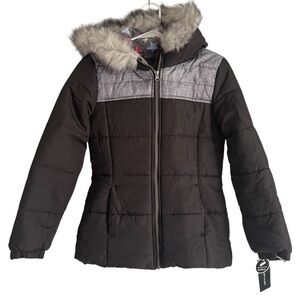 NWT WEATHERTAMER Kid Girls Fur Trim Hooded Puffer Coat Black Sz 14-16